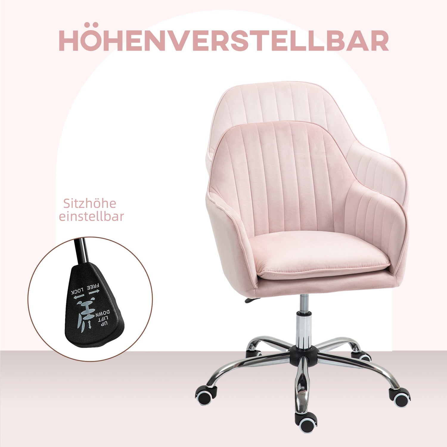 Pink Velvet Office Chair – Justerbar vridbar med armstöd