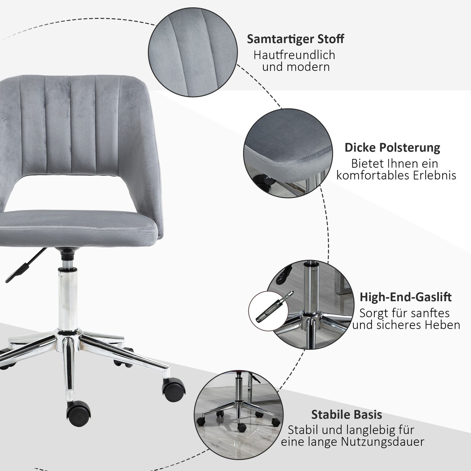 Ergonomisk roterande skrivbordsstol i sammetslook, mörkgrå