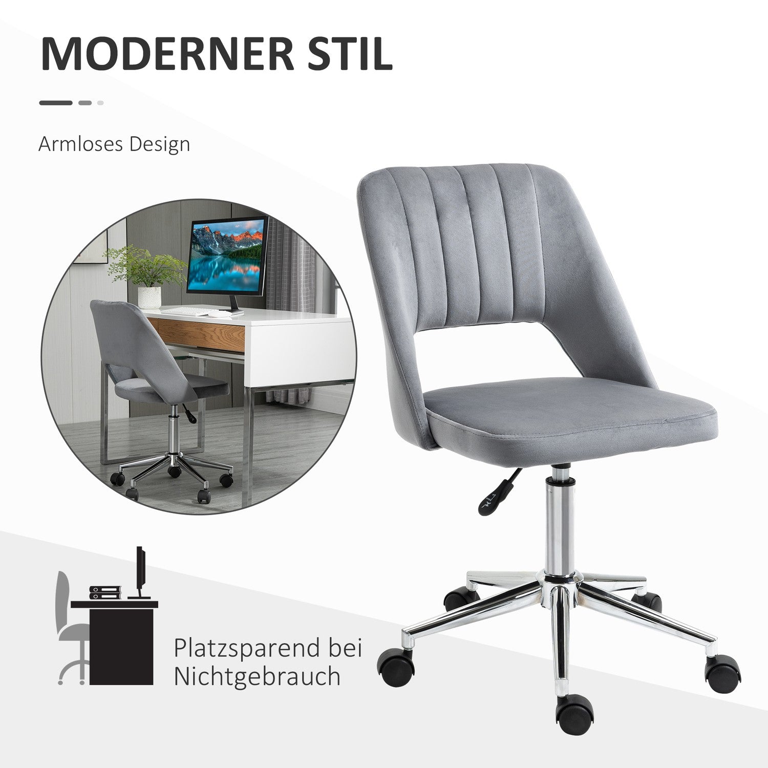 Ergonomisk roterande skrivbordsstol i sammetslook, mörkgrå