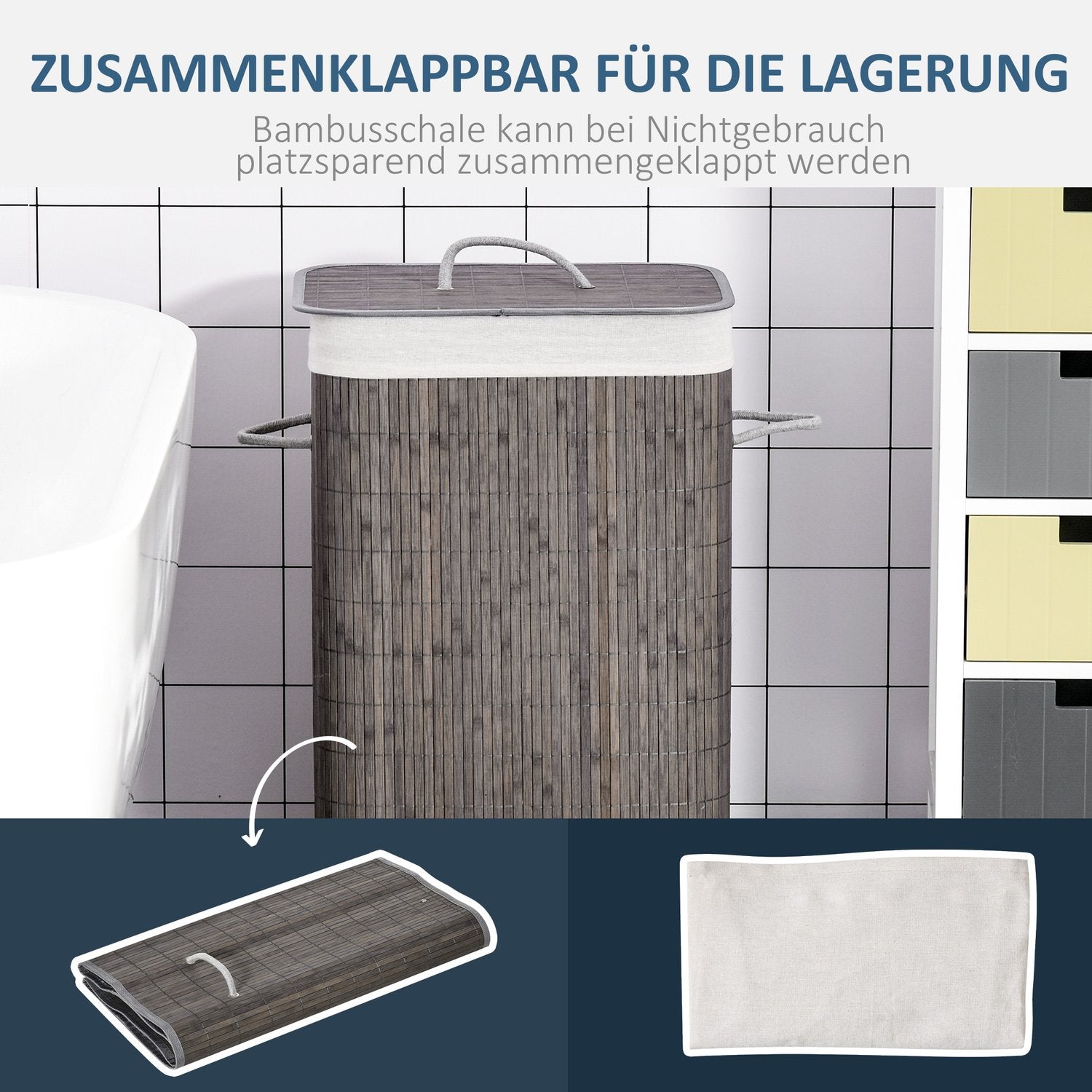 Smal 83L bambu tvättkorg med lock, avtagbar påse