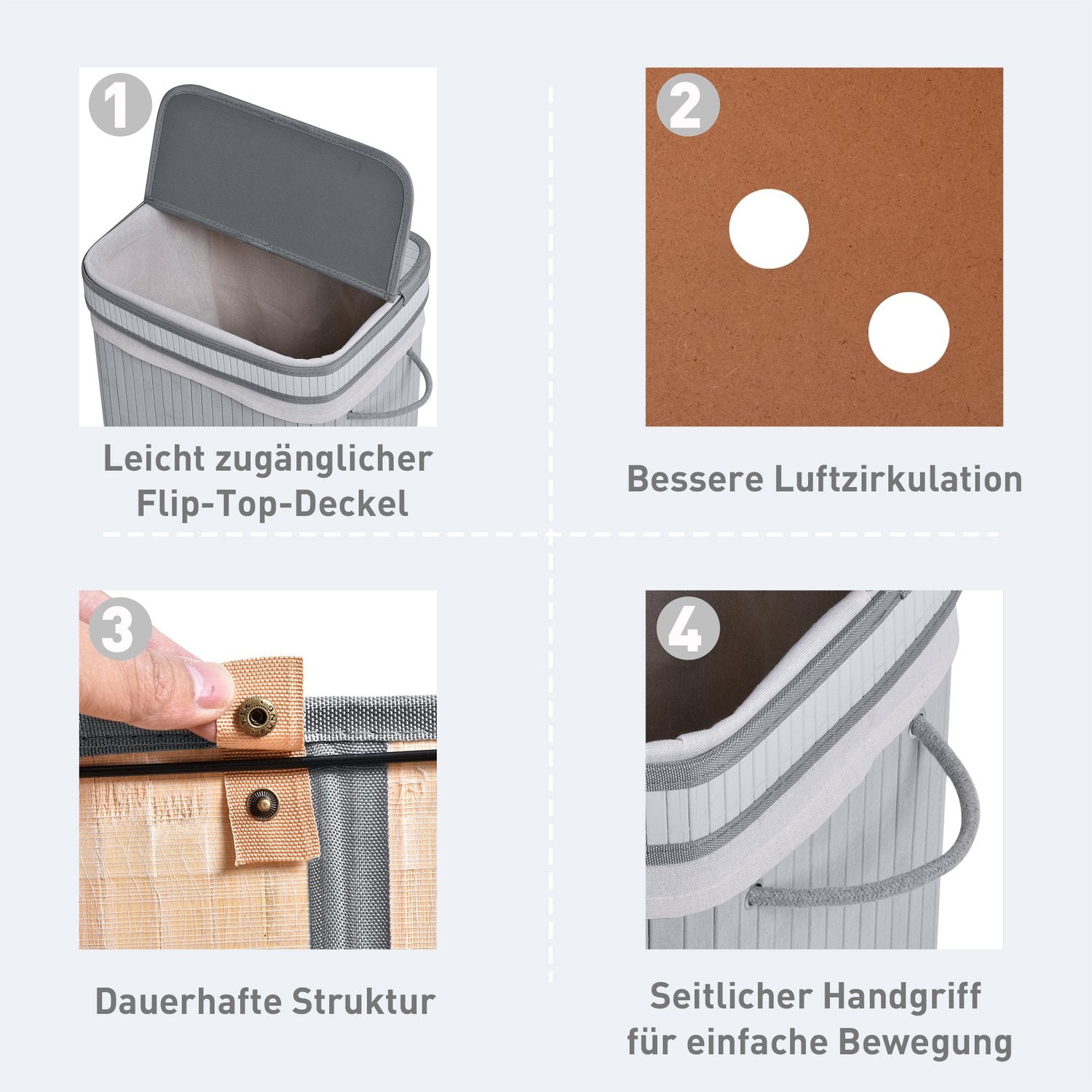 Smal bambu tvättkorg 70L med lock och handtag