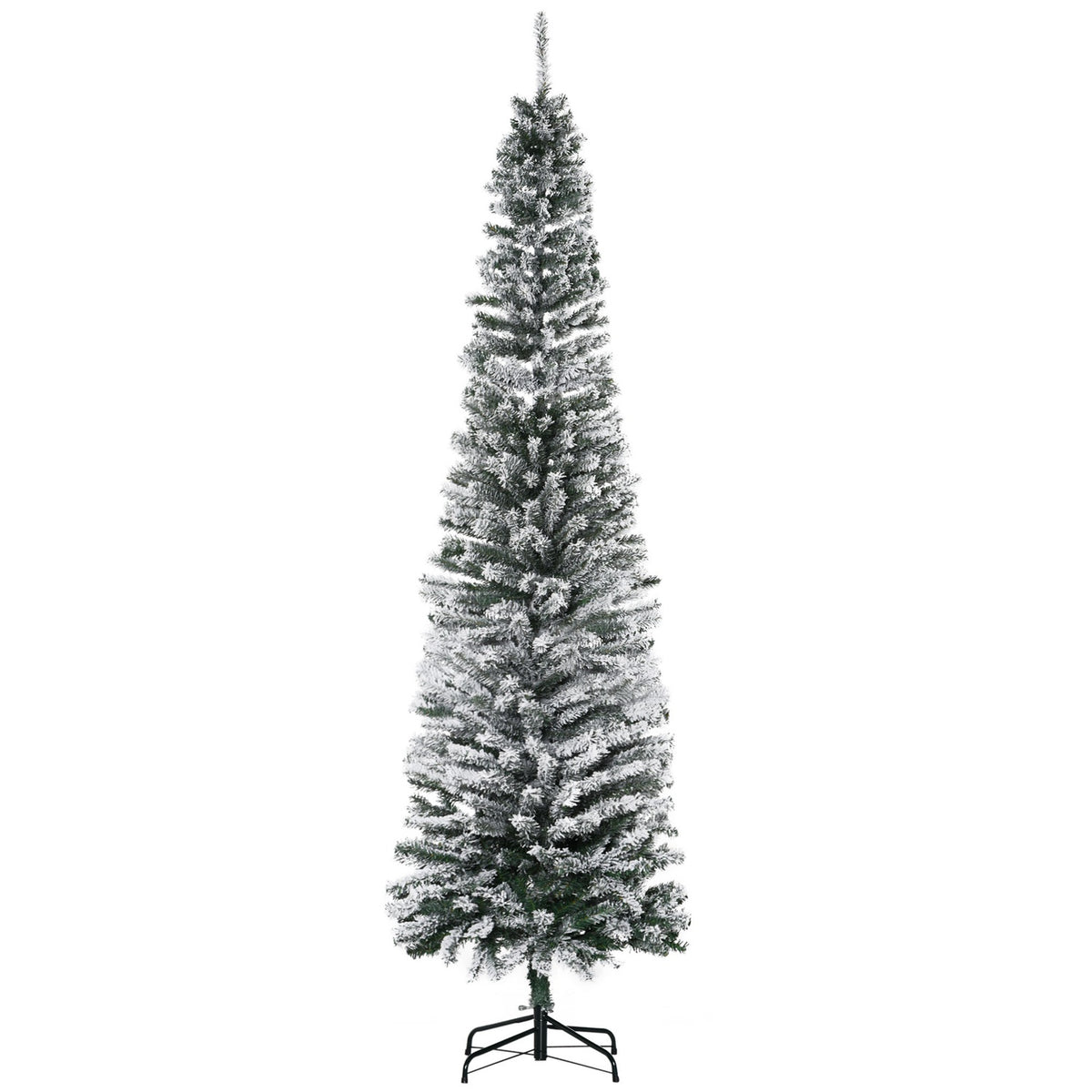 Úzký umělý vánoční stromek se zasněženým povrchem, 225 cm