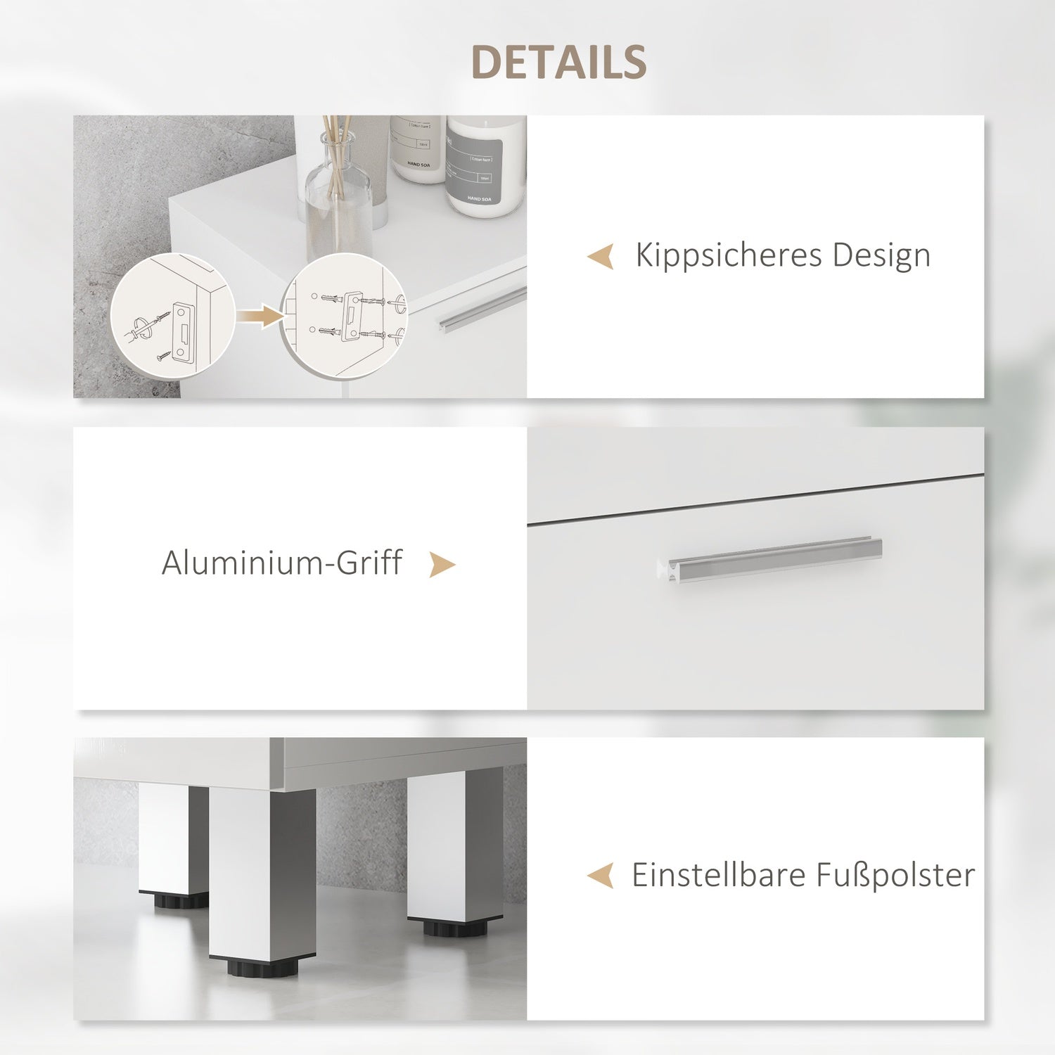 Smalt vitt badrumsskåp, ställbar hylla & 3 lådor