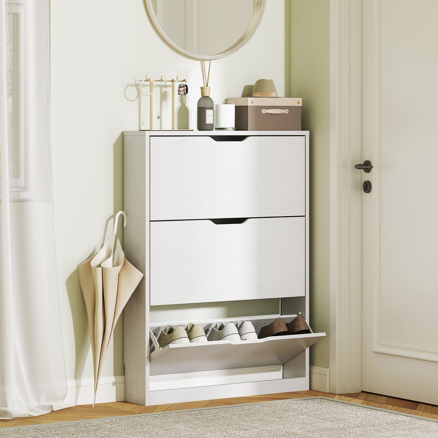 Smalt vitt skoskåp för 9-12 par, 3 klaffar, 80x17x108 cm