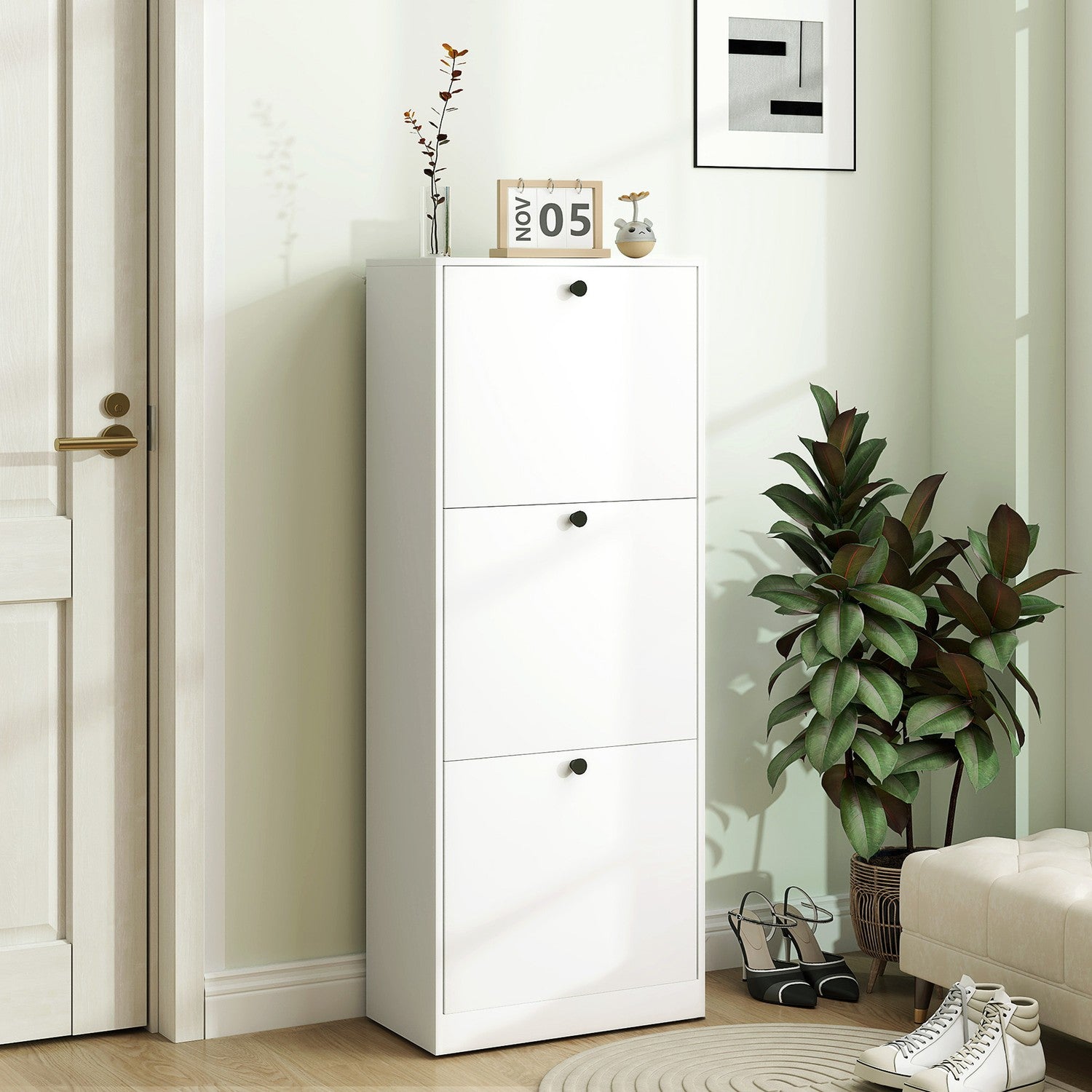 Smalt vitt skoskåp – justerbara avdelare, rymmer 12 par