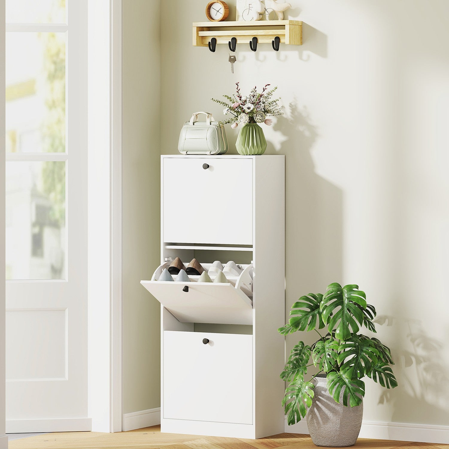 Smalt vitt skoskåp – justerbara avdelare, rymmer 12 par