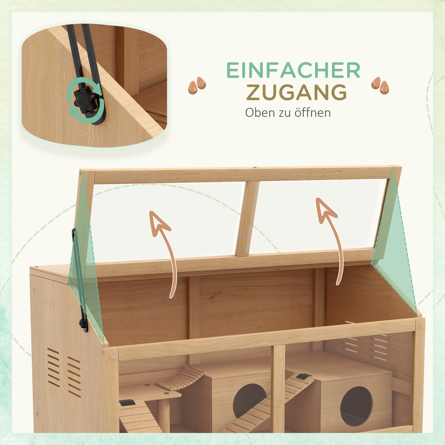 Smådjursbur i trä med bro, stegar, hydda – 84x45x44 cm