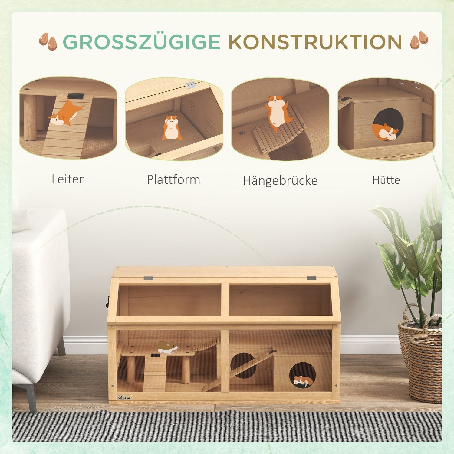 Smådjursbur i trä med bro, stegar, hydda – 84x45x44 cm