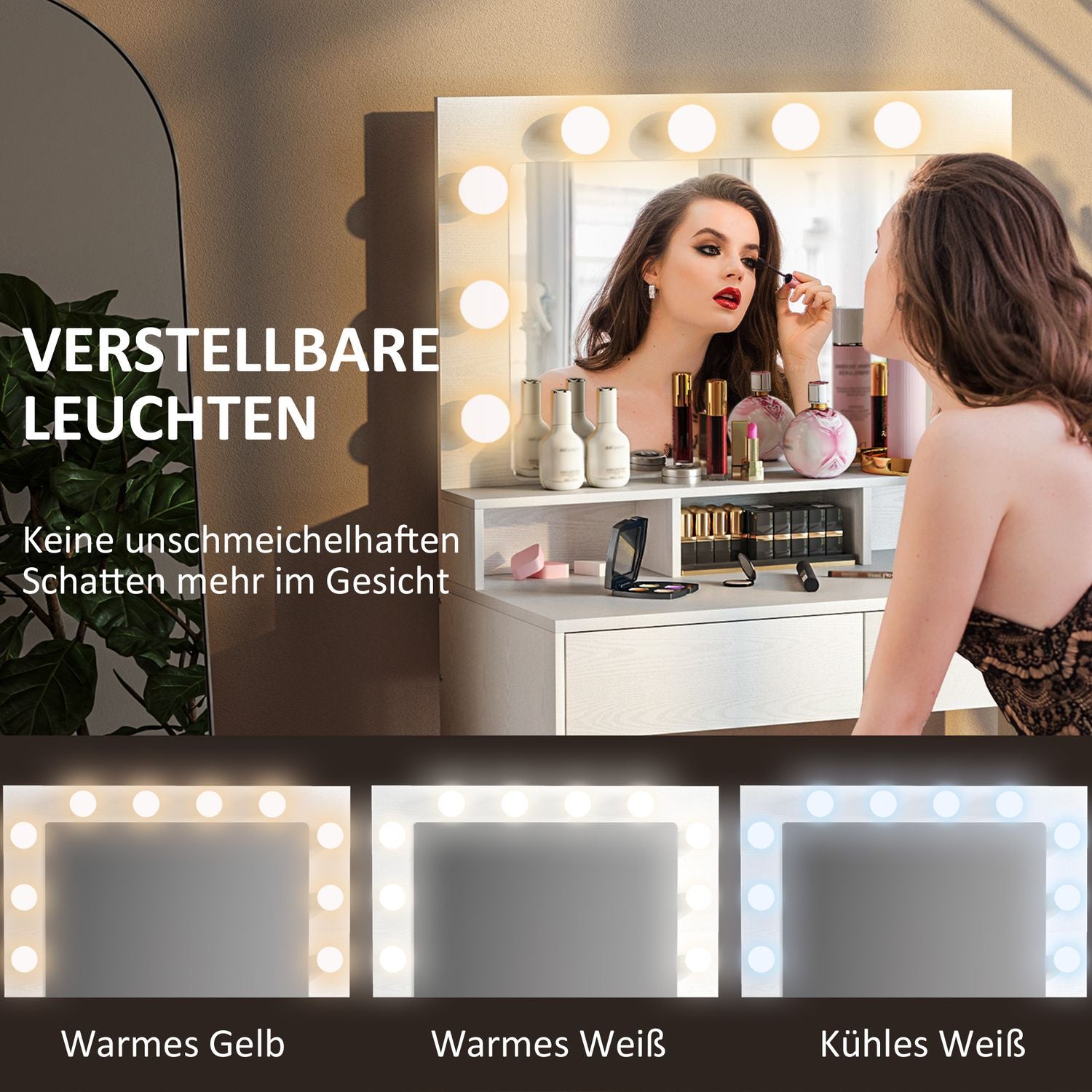 Sminkbord med LED-spegel, justerbar ljusstyrka, vit