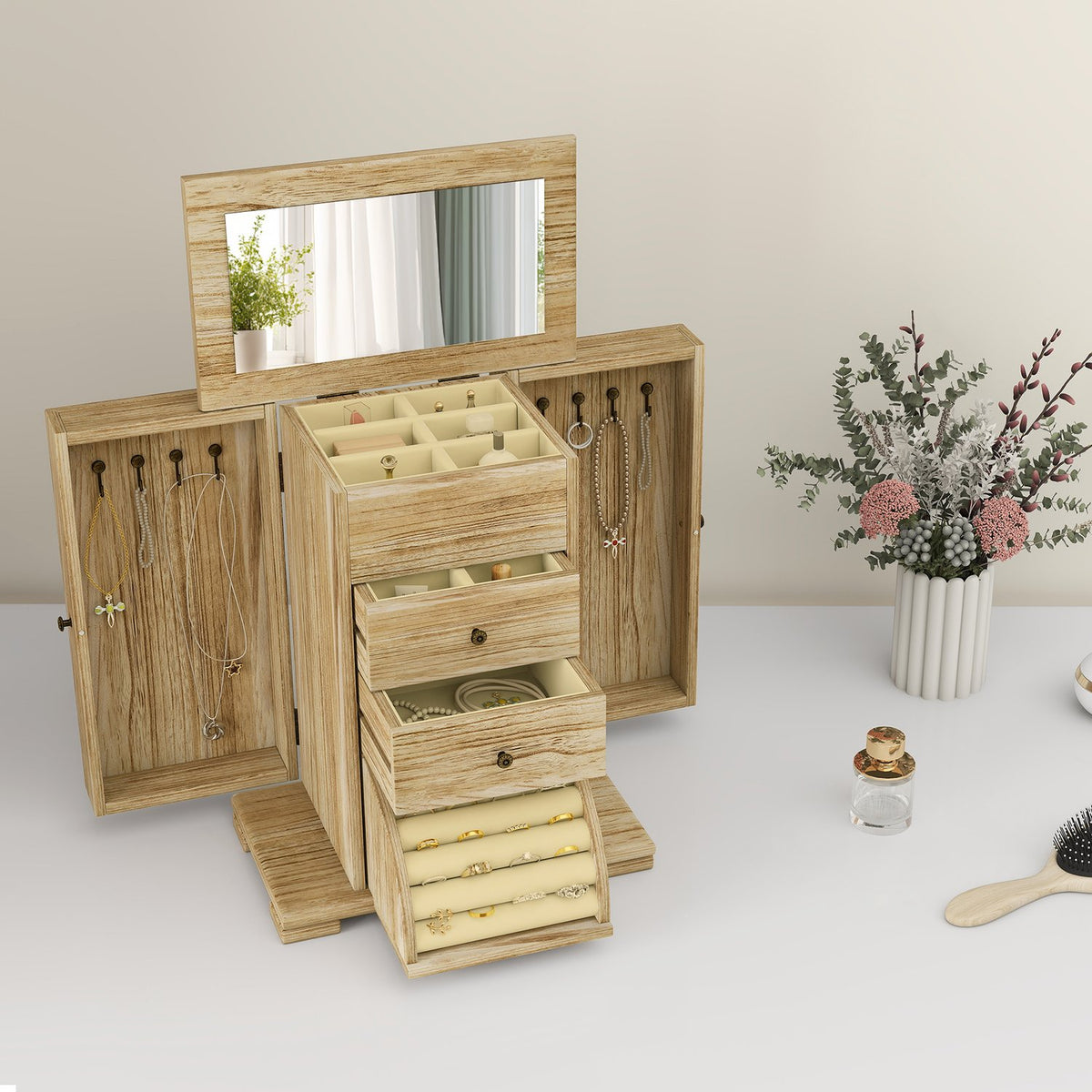 Smyckeskrin med spegel, 4-vånings, brunt Paulownia-trä