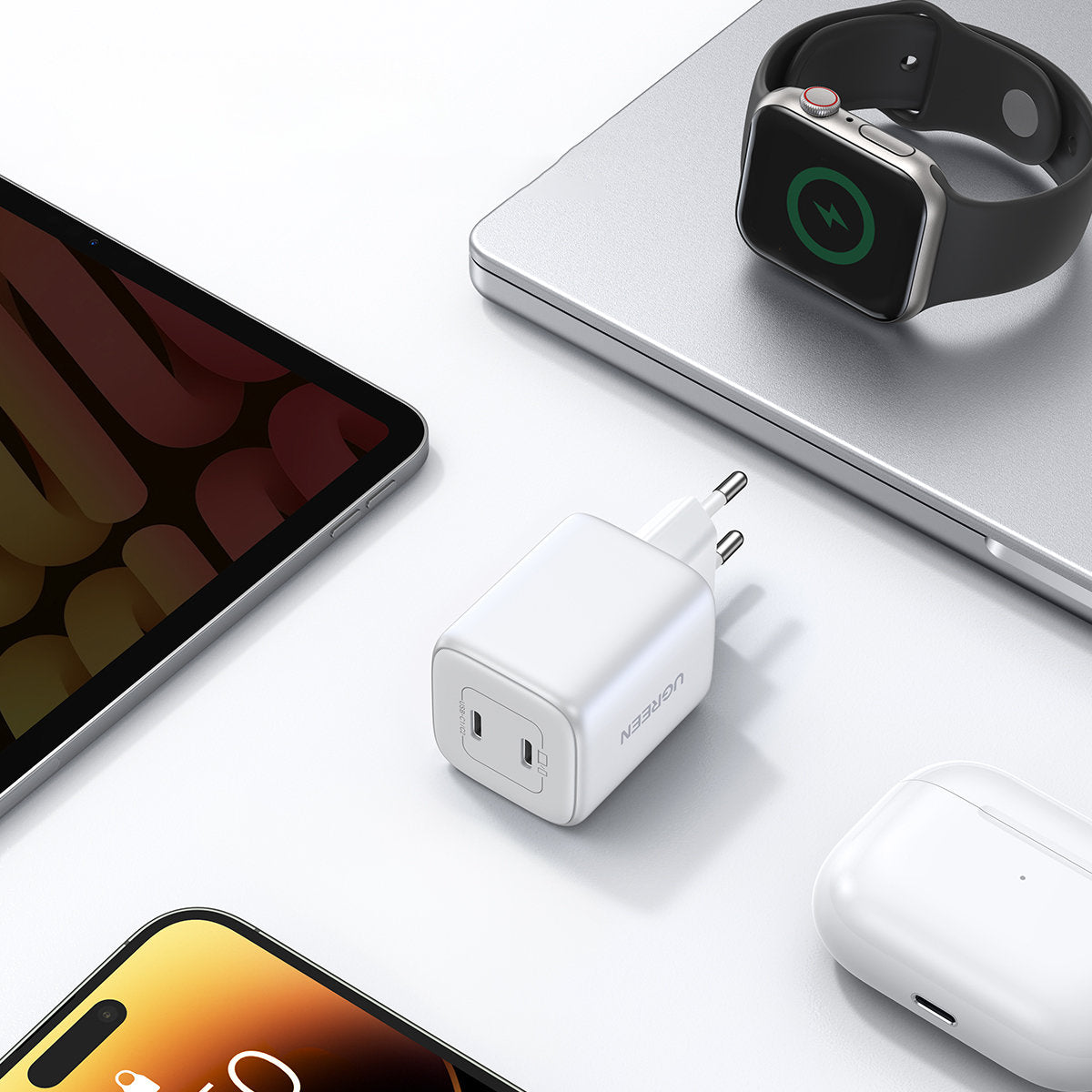 Snabb GaN laddare 2x USB-C 45W QC PD vit