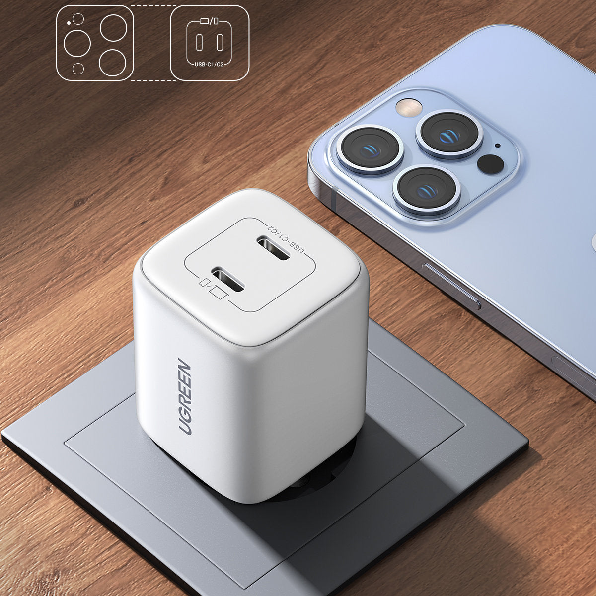 Snabb GaN laddare 2x USB-C 45W QC PD vit