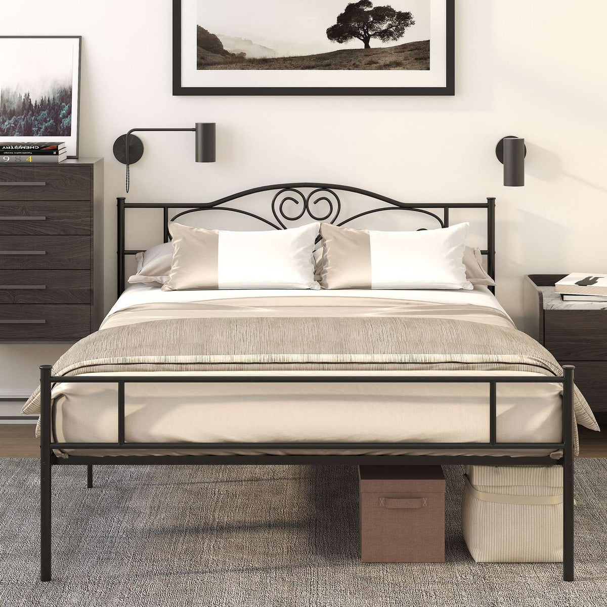 Metalen bedframe met hoofdbord, draagvermogen van 300 kg, zwart