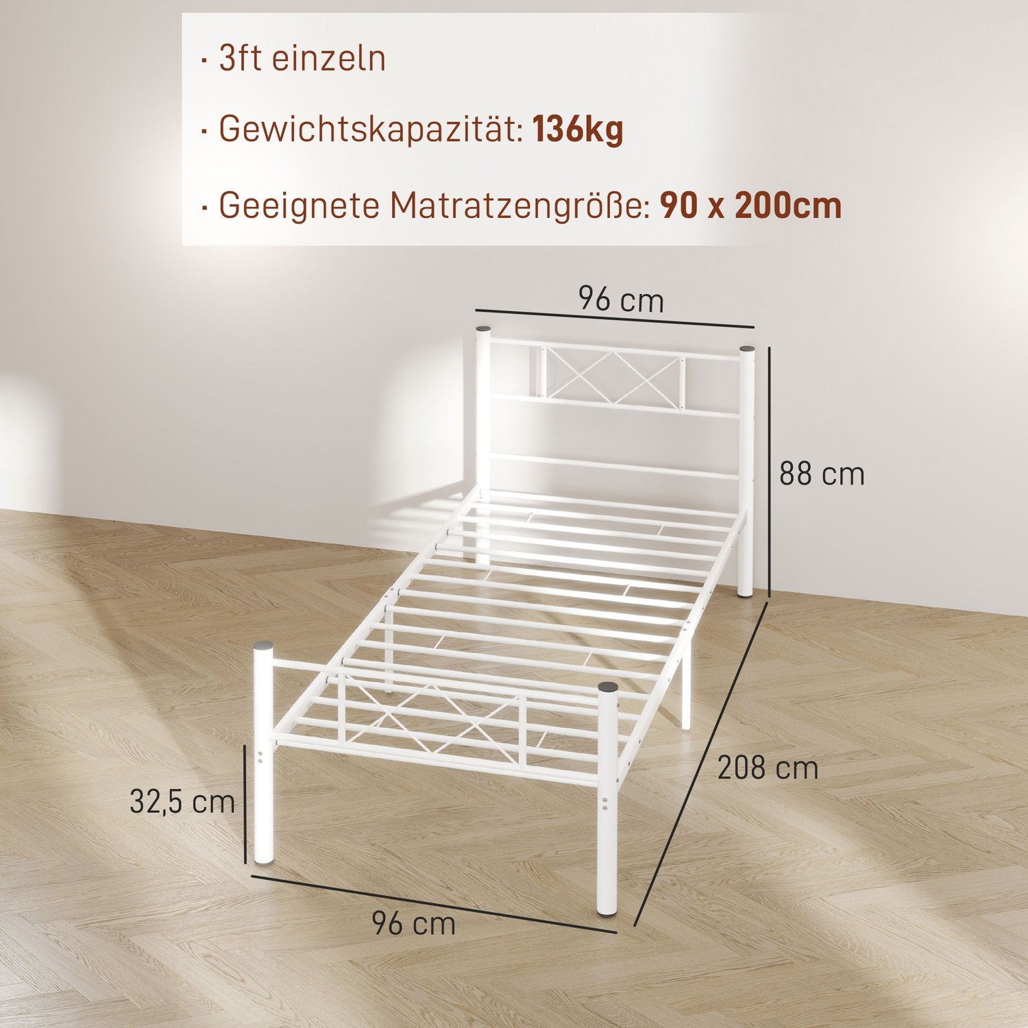 Sängram i stål för 200x90cm Madrass, Vit, 88cm hög