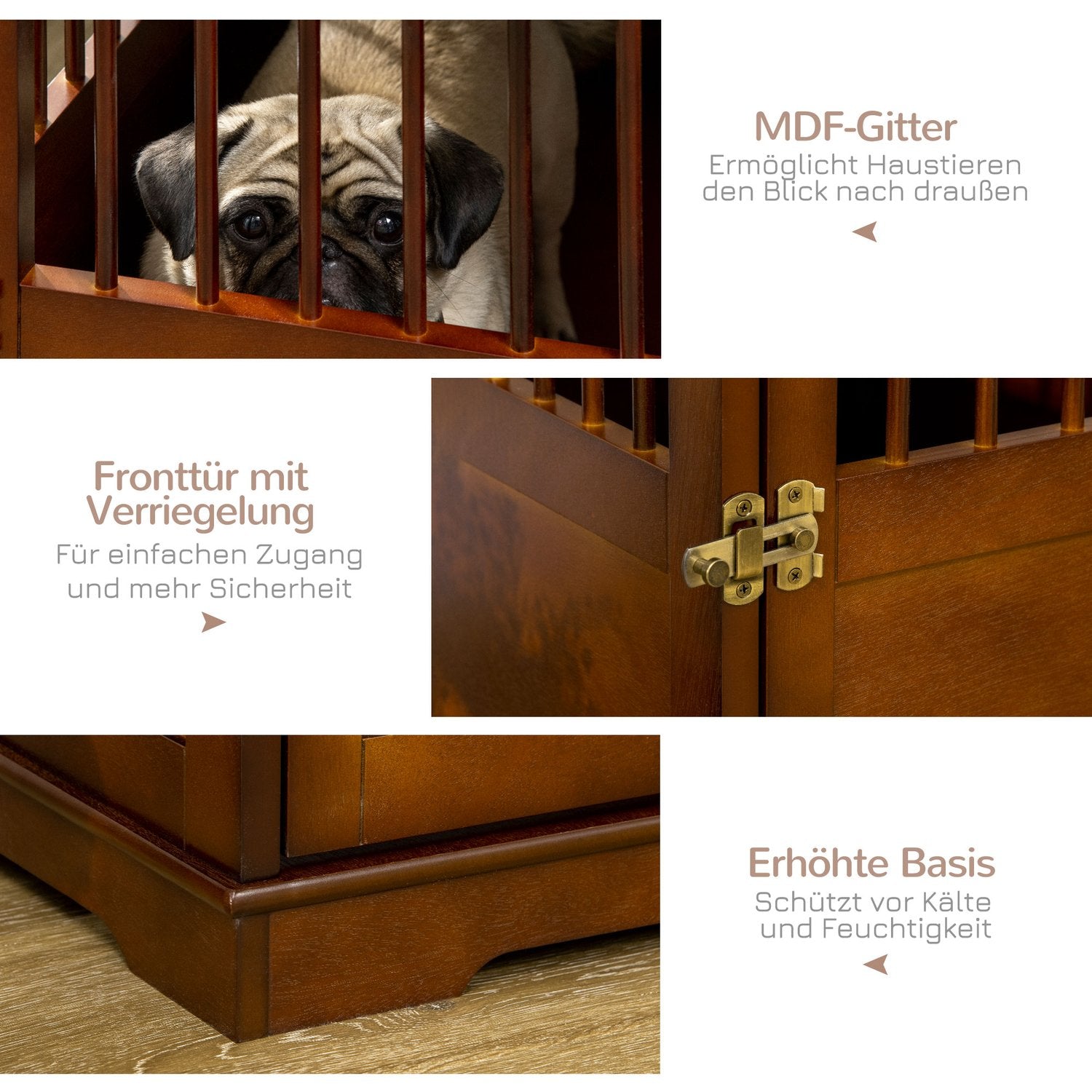 Snygg medelstor hundbur med bordsskiva, låsbar dörr