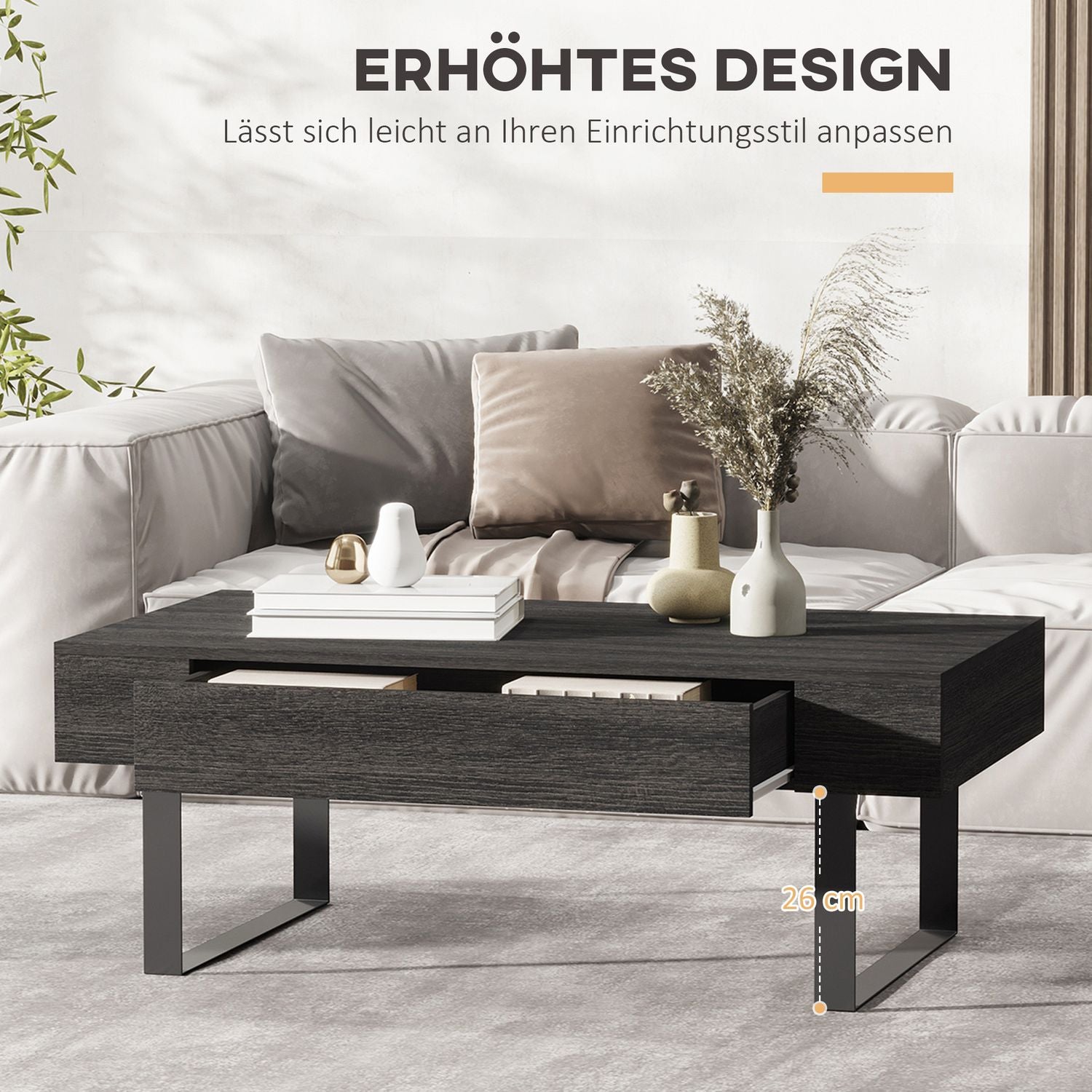 Soffbord med låda och hyllor, robust stålram