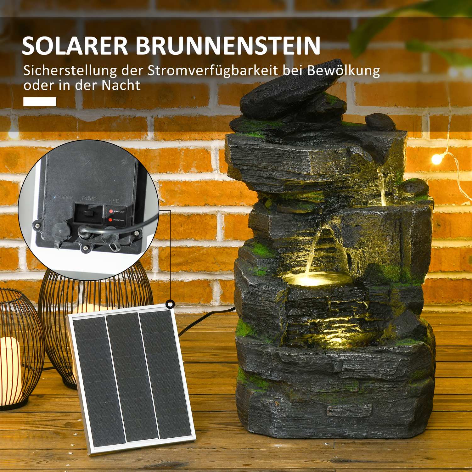 Solar Garden Fountain med LED-belysning, 4 nivåer, 57cm