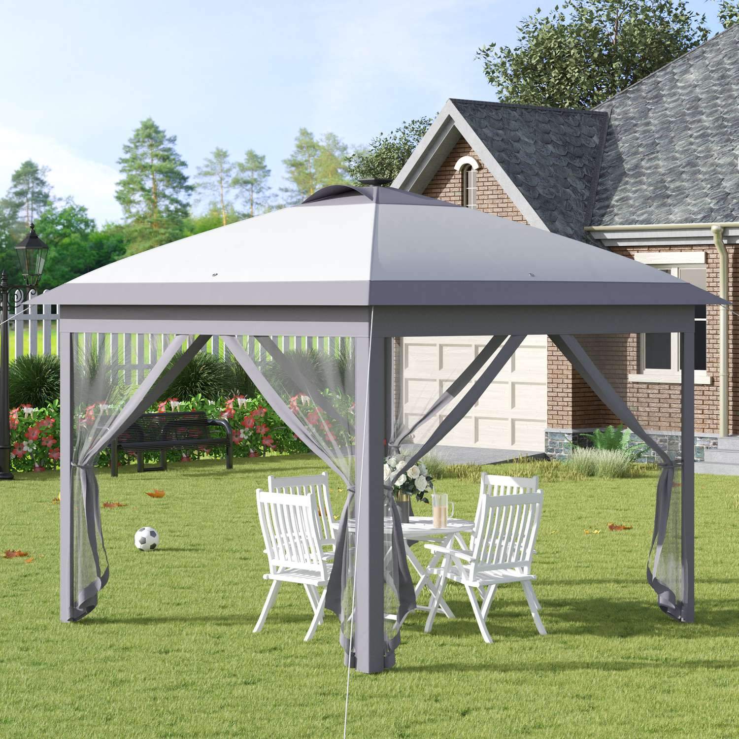 Gazebo 3.3X3.3M Folding Gazebo Led Usb Pop-Up Mesh Sidoväggar Solskyddsväska Oxford Grå