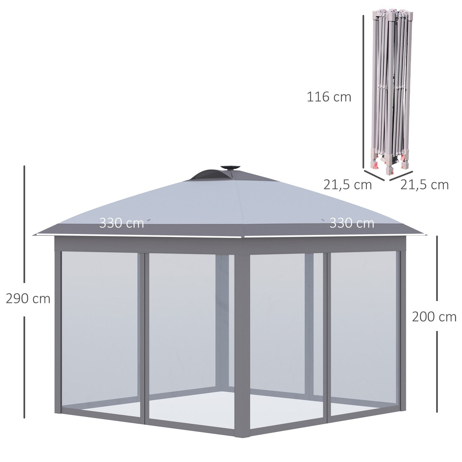 Gazebo 3.3X3.3M Folding Gazebo Led Usb Pop-Up Mesh Sidoväggar Solskyddsväska Oxford Grå