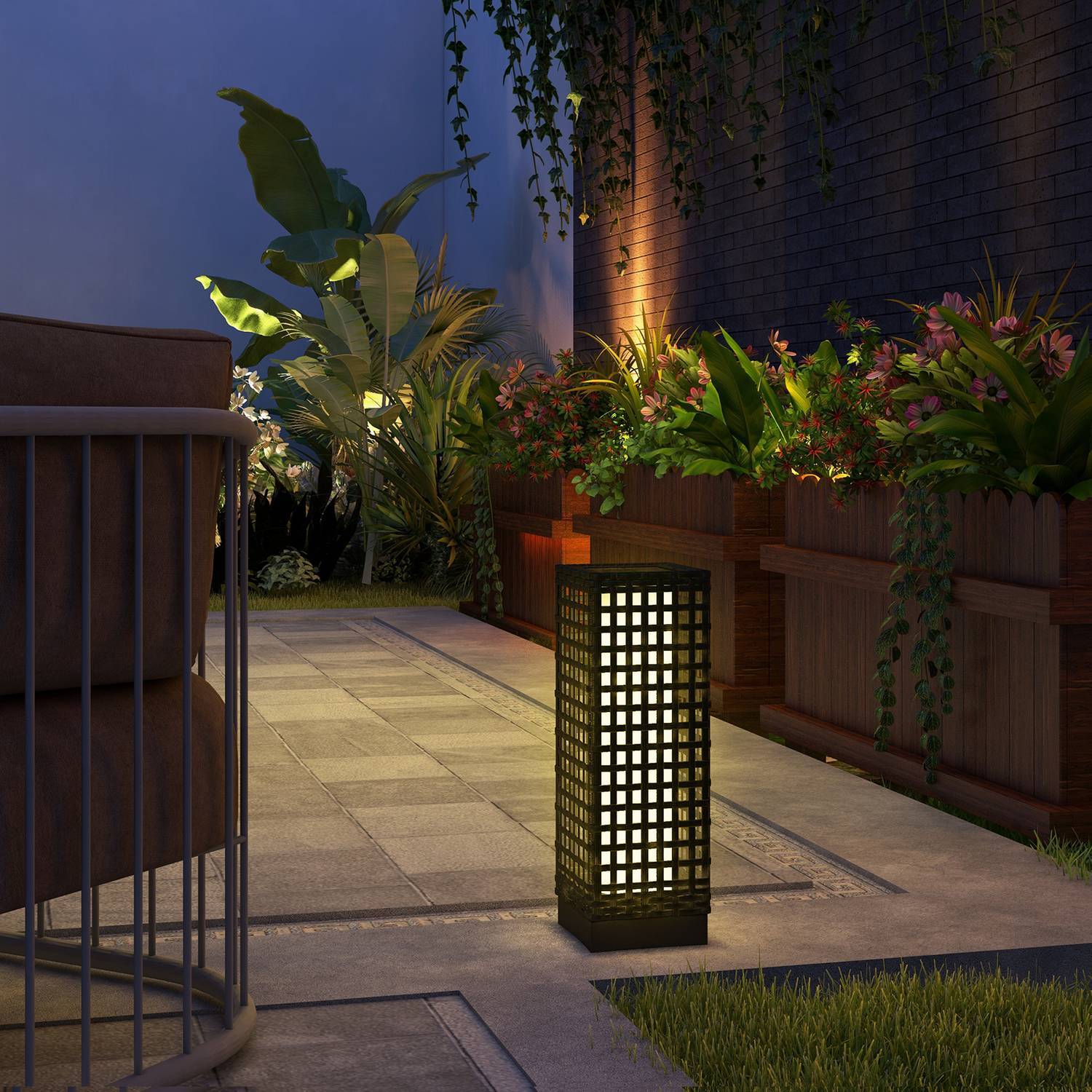 Solar Light Rattan Design, Vattentät, Ljussensor, Automatisk Led Trädgårdslampa, Svart, 15,5X15,5X46Cm