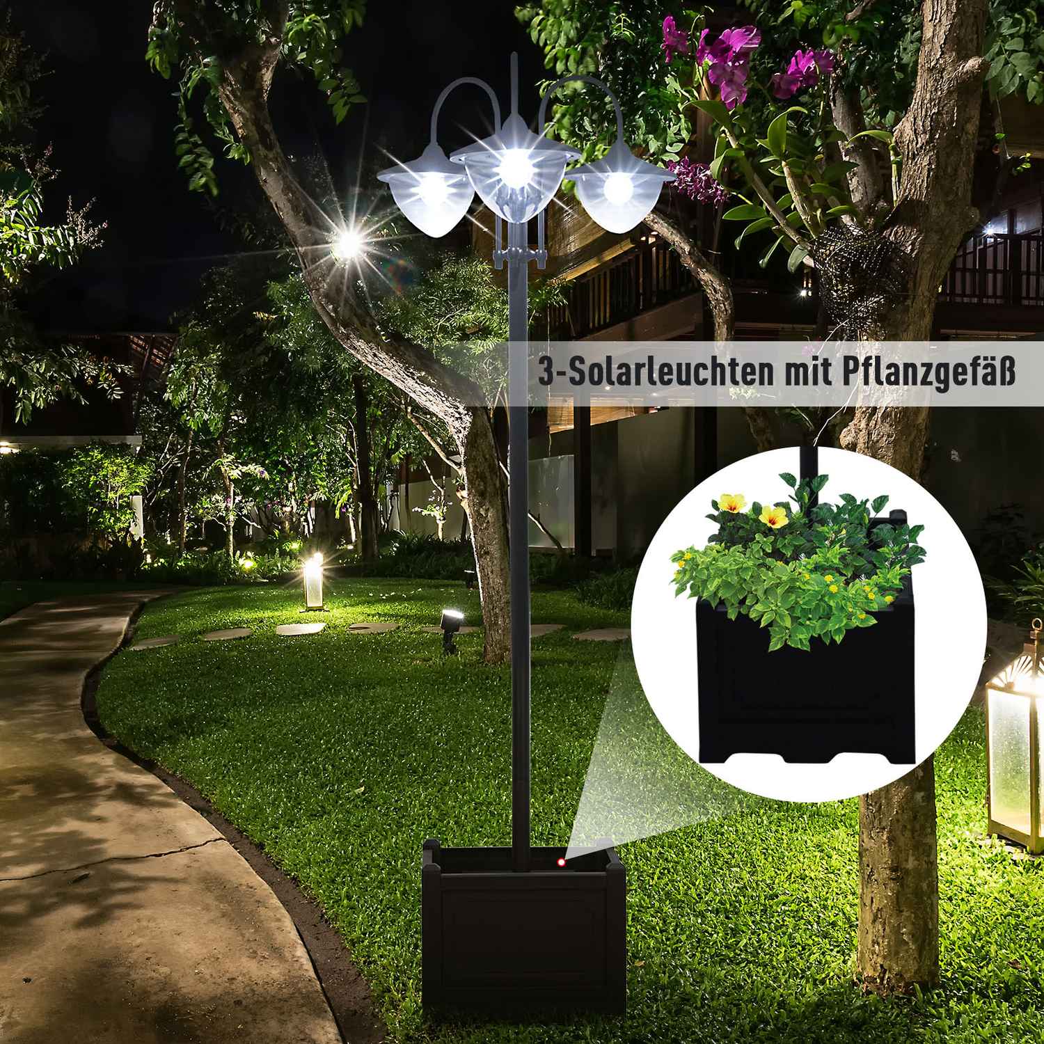 Solar Garden Light, 3-head lampa med blomkruka bas