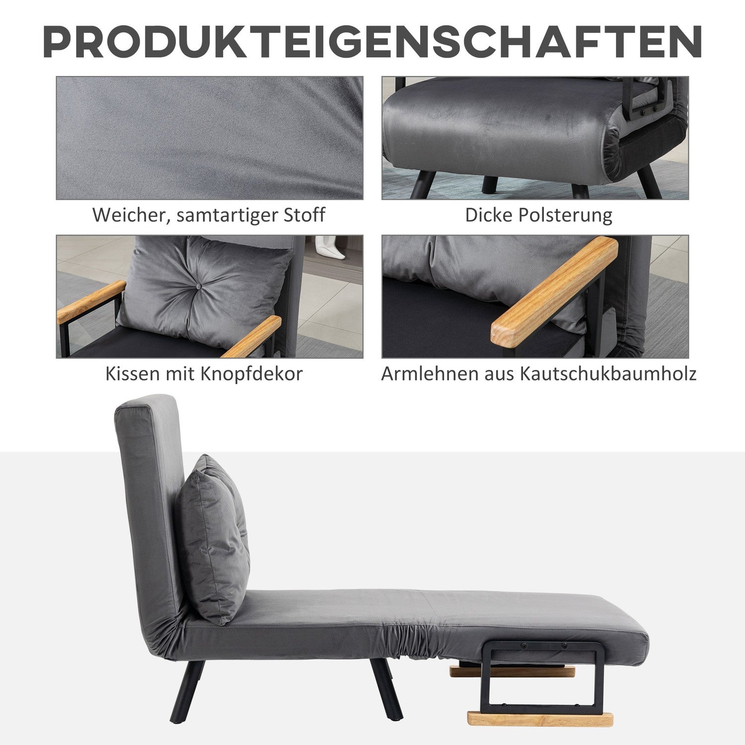 Justerbar sovstol, sammetslook, mörkgrå