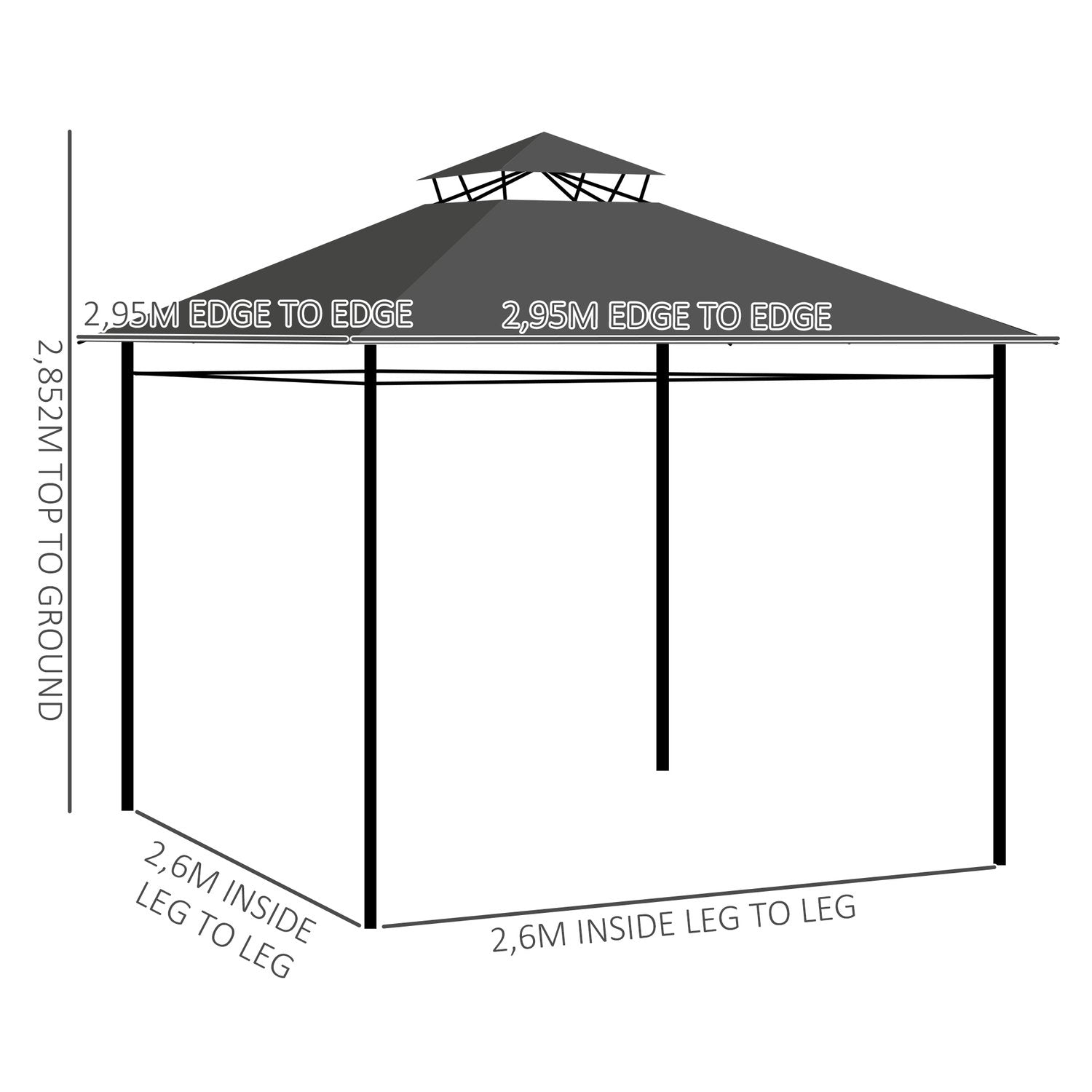 Outsolny Paviljong Ca 3 X 3 M, Trädgårdstält Med Sidovägg, Partytält Med Dubbeltak, Väderbeständig Tält, Trädgårdspaviljong, Metall, Mörkgrå.