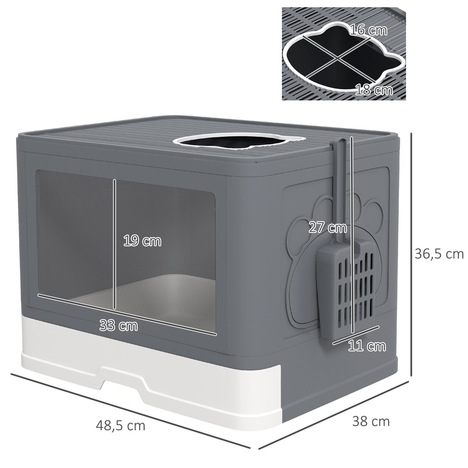 Kattsandlåda Med Lock Och Skopa För Upp Till 4 Kg, Inomhus, Plast, Grå, 48,5X38X36,5 Cm