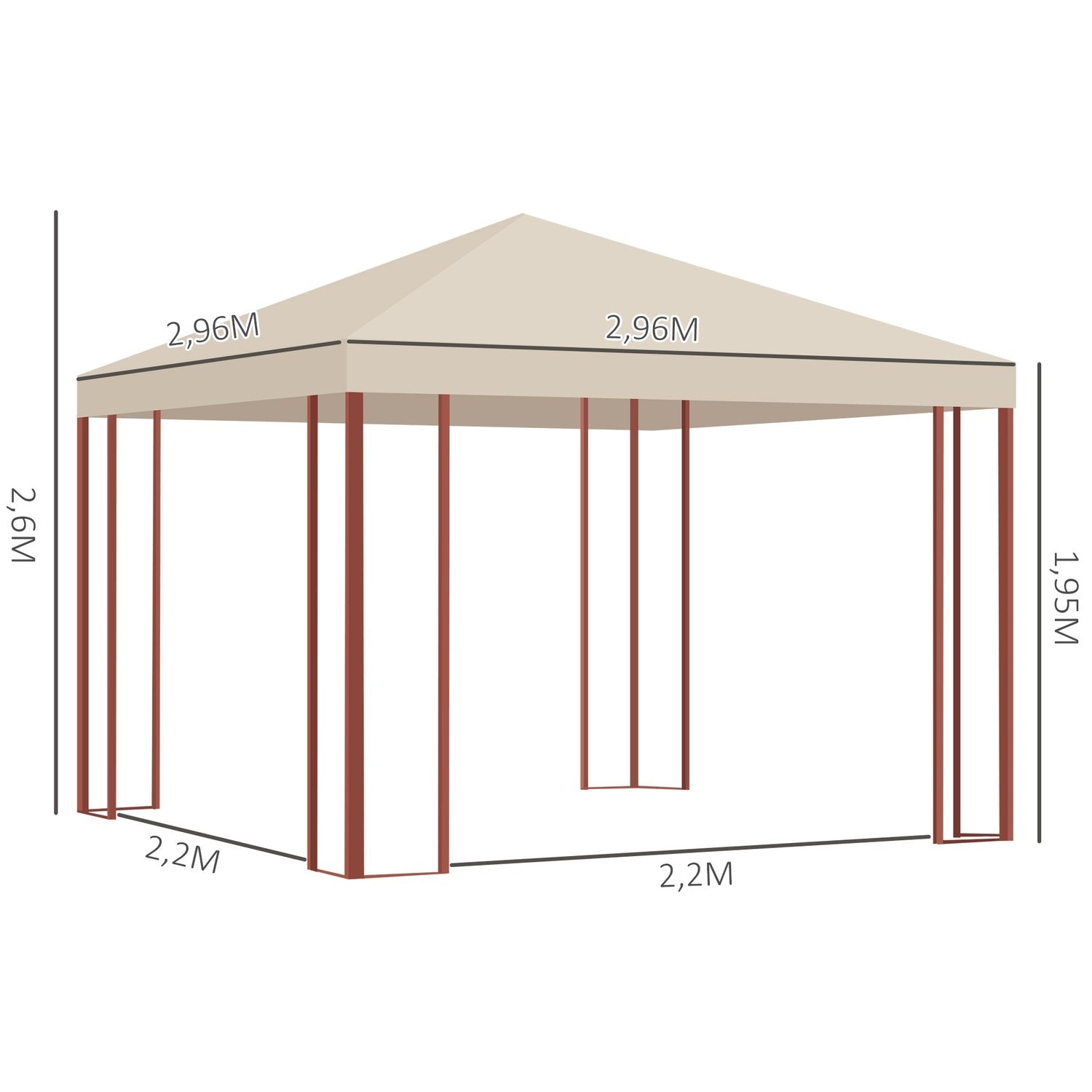 Pavilion 2,96X2,96M Partytält För Upp Till 15 Personer Med Flugnät, Stål & Polyester, Beige