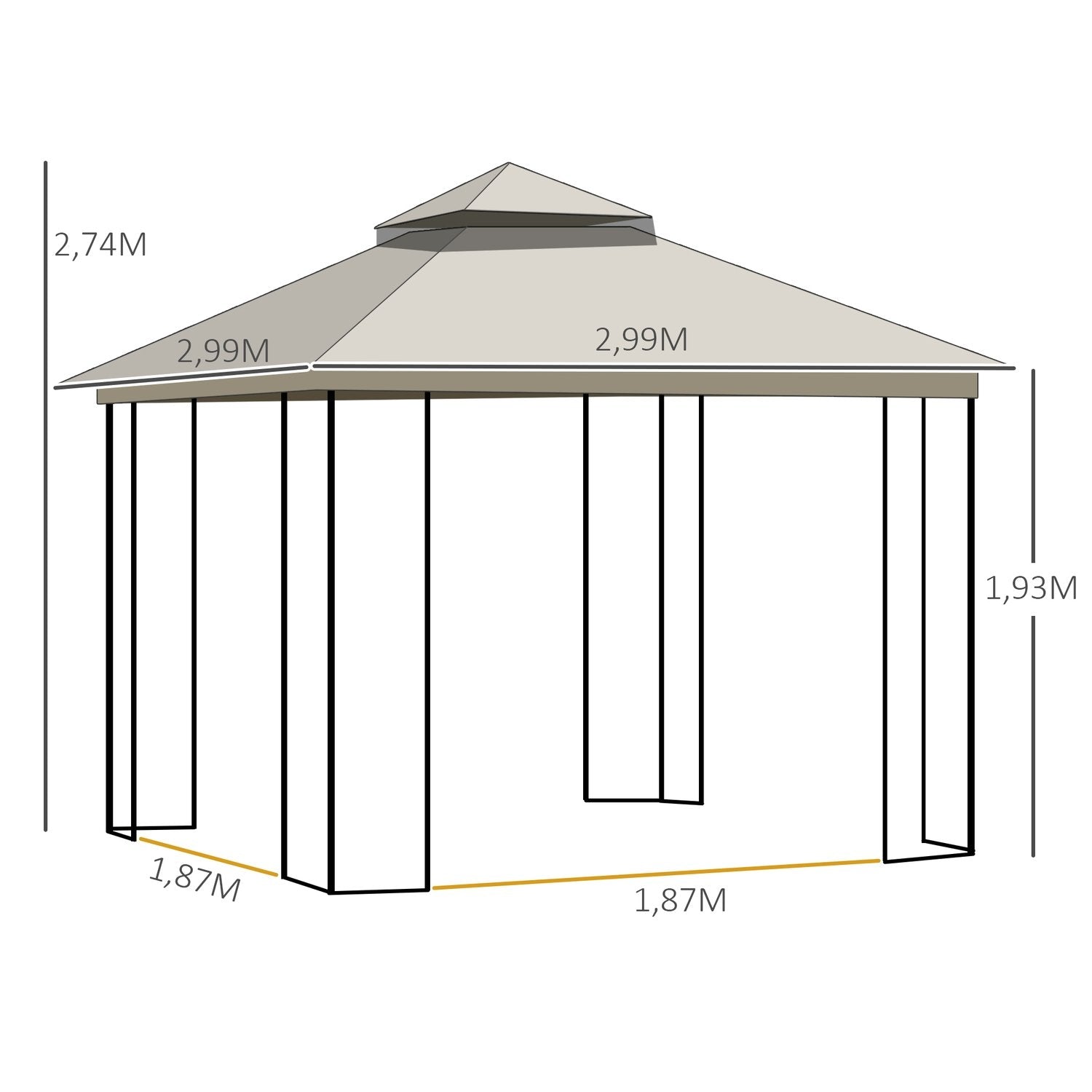 Trädgårdspaviljong Med Dubbeltak Paviljong Trädgårdstält Partytält Med 4 X Sidoväggar Metall + Polyesterbeige 2,99 X 2,99 X 2,74 M