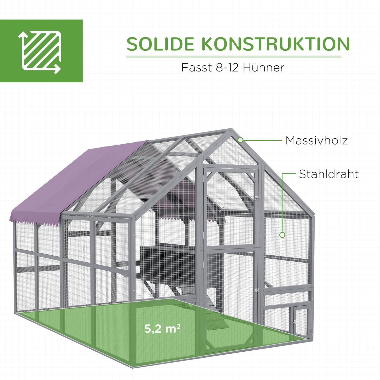 Wooden Chicken Coop Outdoor Run, 280 X 185,5 X 188 Cm Hönsbur Med Dörr, Holk, Tak, Ramp, Utomhusinhägnad För 8-12 Kycklingar, Grå