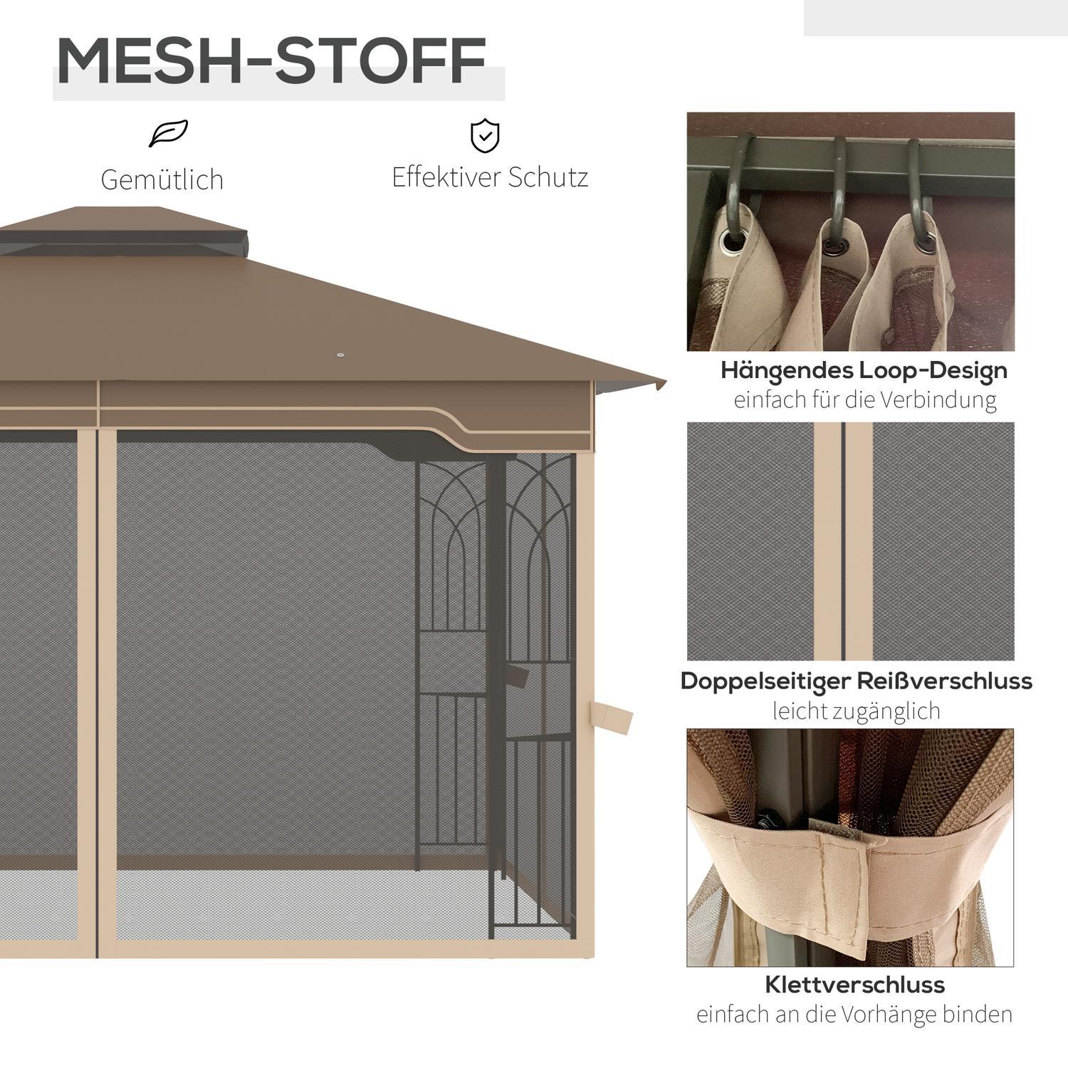 Garden Pavilion 3,65X3M Tält Med Dubbelt Tak & Myggnät, Metall, Brun+Beige