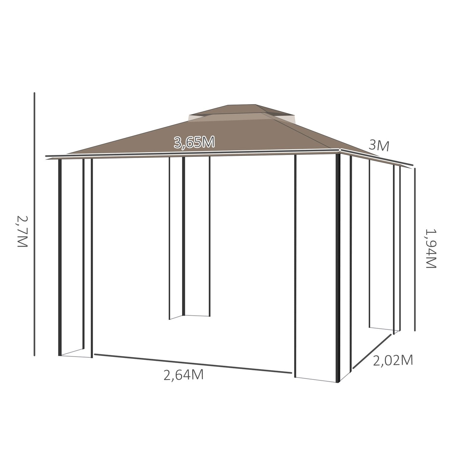 Garden Pavilion 3,65X3M Tält Med Dubbelt Tak & Myggnät, Metall, Brun+Beige