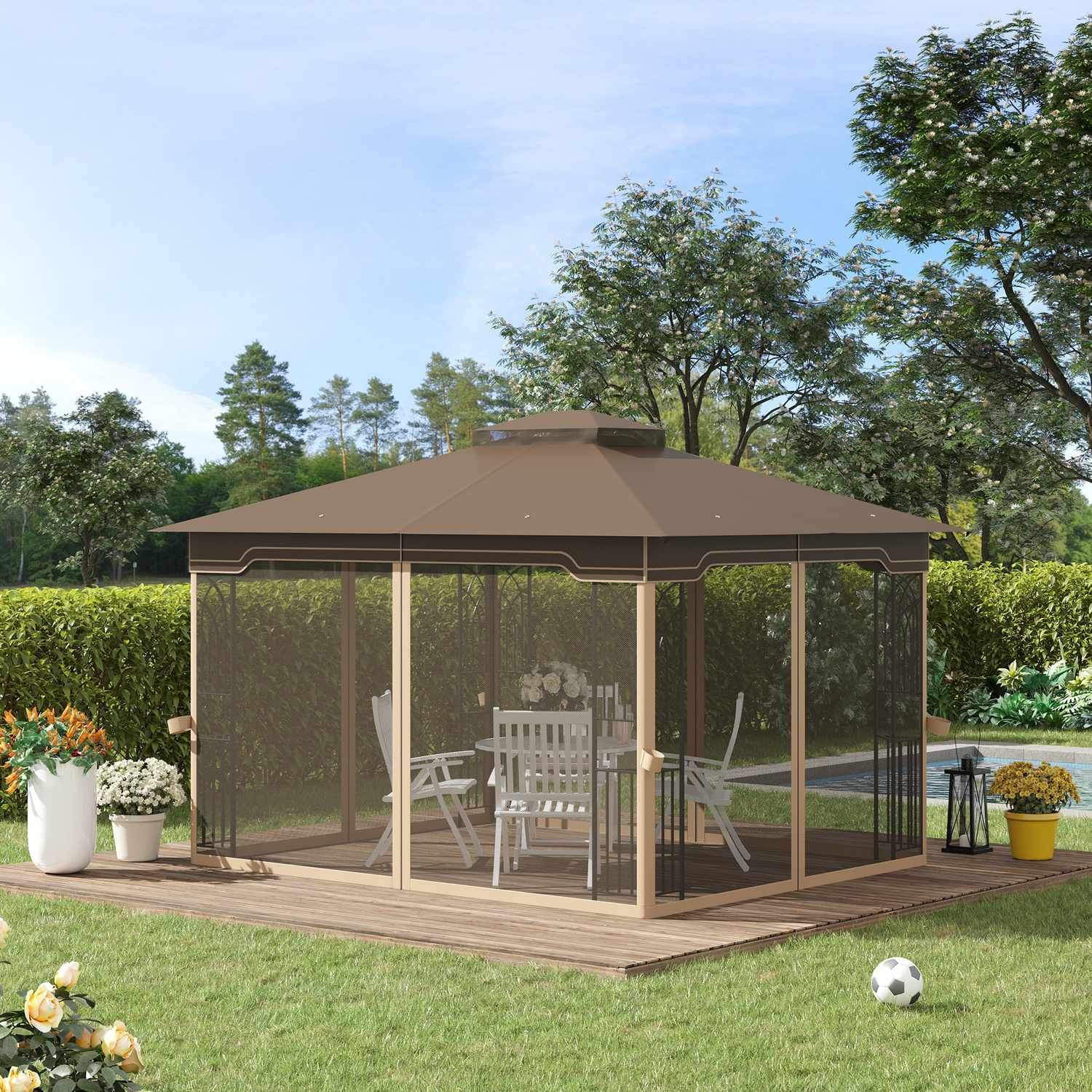 Garden Pavilion 3,65X3M Tält Med Dubbelt Tak & Myggnät, Metall, Brun+Beige