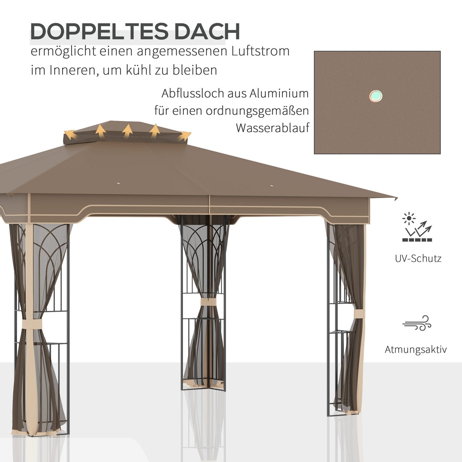 Garden Pavilion 3,65X3M Tält Med Dubbelt Tak & Myggnät, Metall, Brun+Beige