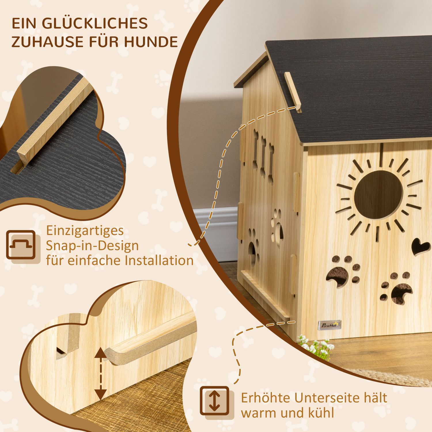 Trähundkennel Smådjurshus Med Ventilationsöppningar Hundhus Med Tak Hundgrotta Inomhus Mdf Ek + Svart 69 X 50 X 58,5 Cm