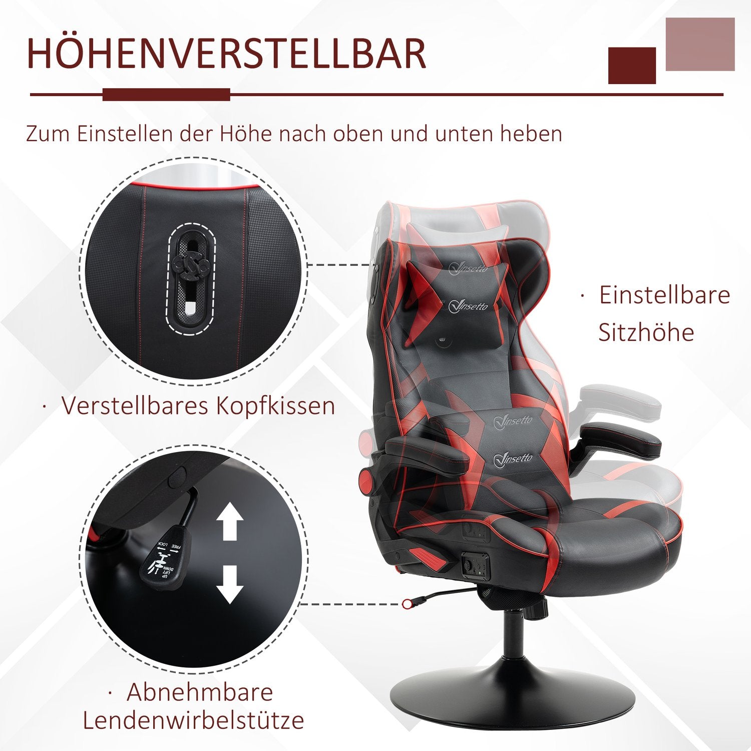 Ergonomisk spelstol med högtalare, justerbar höjd, konstläder