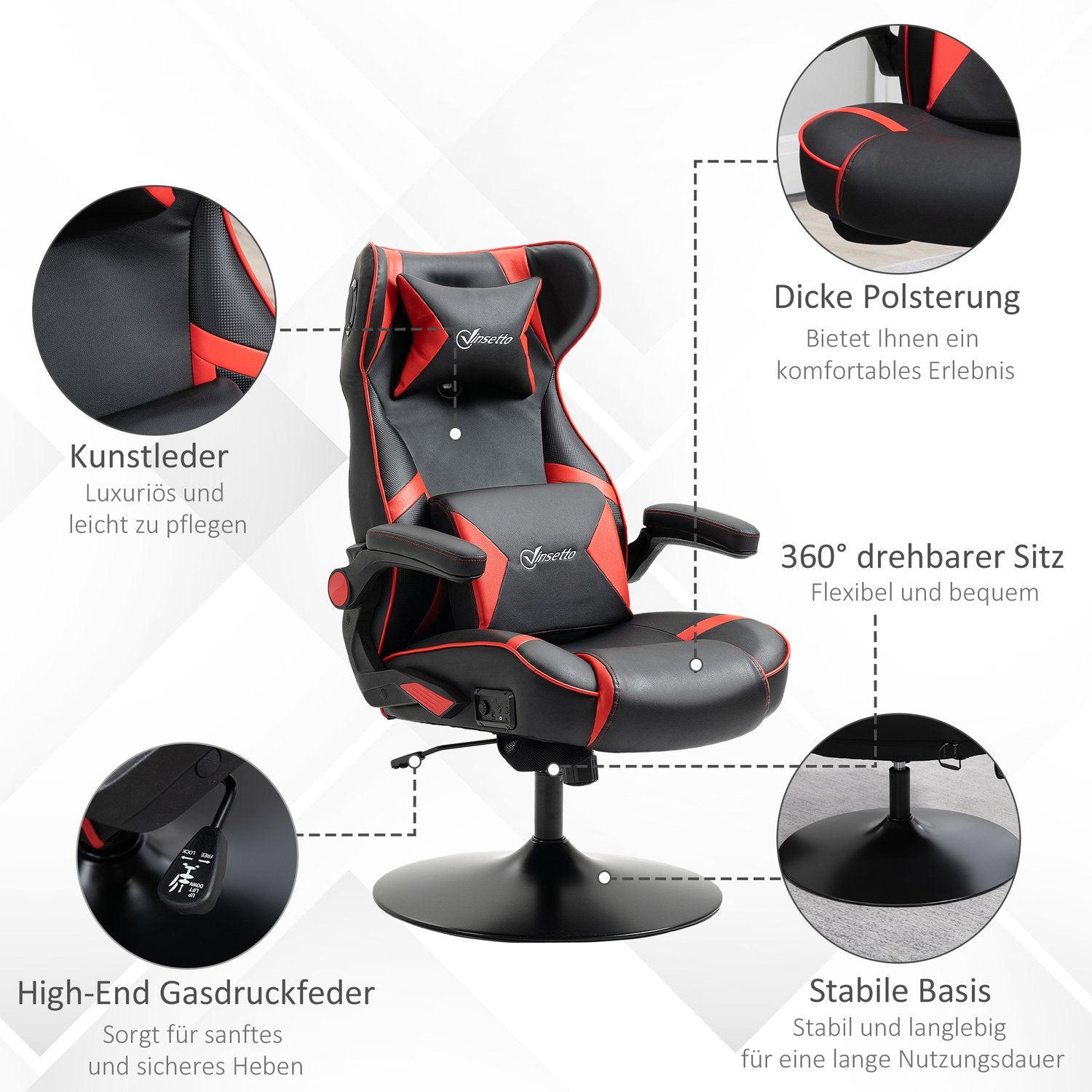 Ergonomisk spelstol med högtalare, justerbar höjd, konstläder