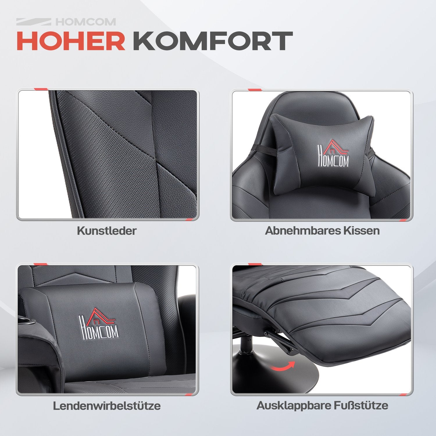 Spelstol med massage och fotstöd, svart läder-look