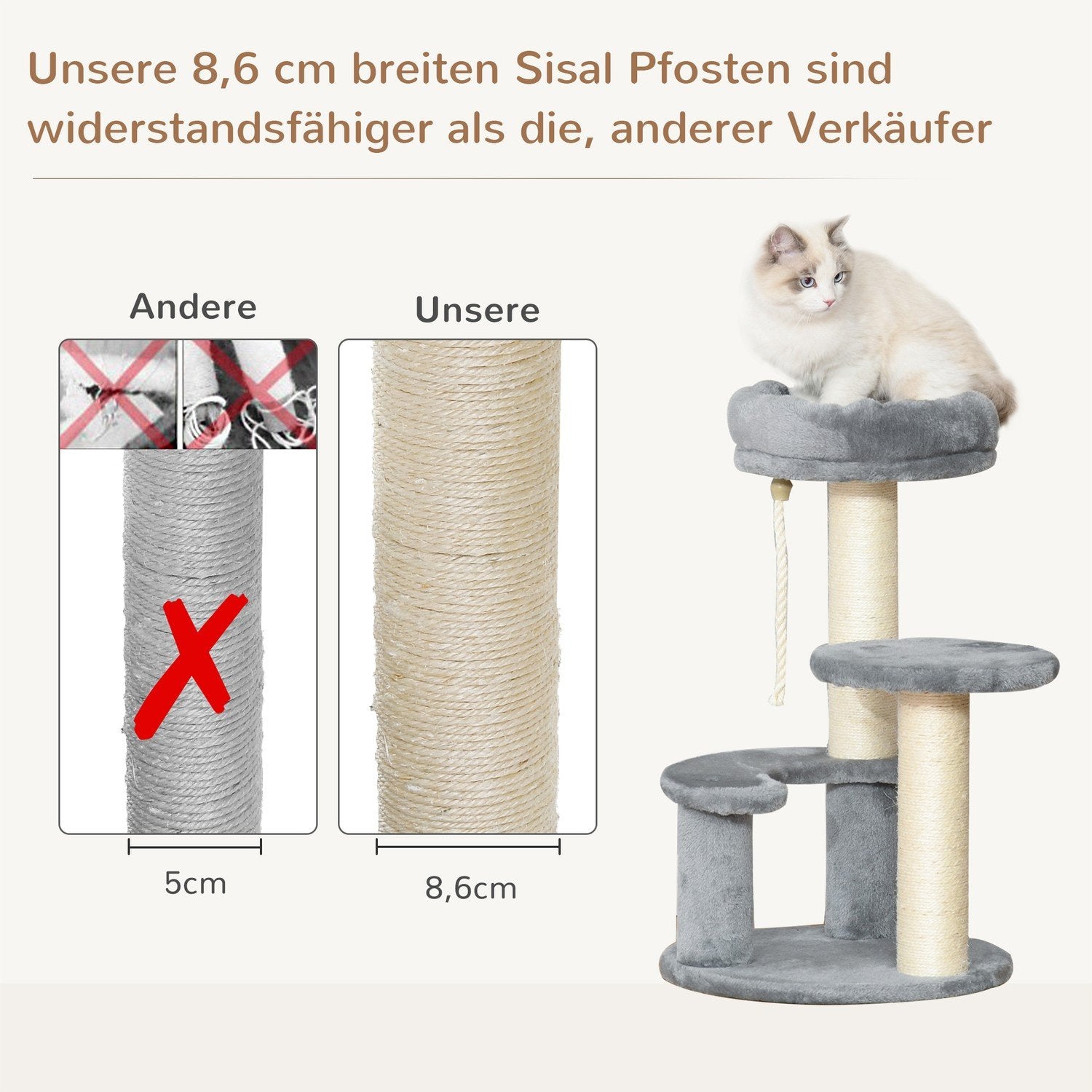 Kattträd Med Hängmatta 3-Vånings Lekträd Med Sisalpelare, Grå, Ø40Xh65 Cm