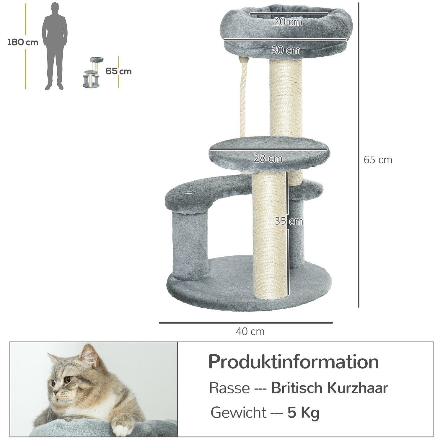 Kattträd Med Hängmatta 3-Vånings Lekträd Med Sisalpelare, Grå, Ø40Xh65 Cm