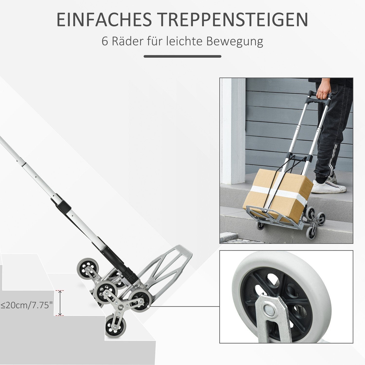 Trappklättrarsäcklastbil Hopfällbar, 6-Rullssystem, Fast Rep, Upp Till 70 Kg, Aluminium, Silver, 70 Kg Lastkapacitet