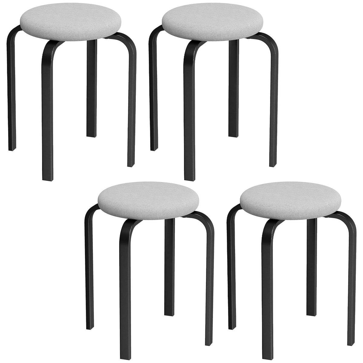 Set van 4 stapelbare ronde krukken, gewatteerd, grijs