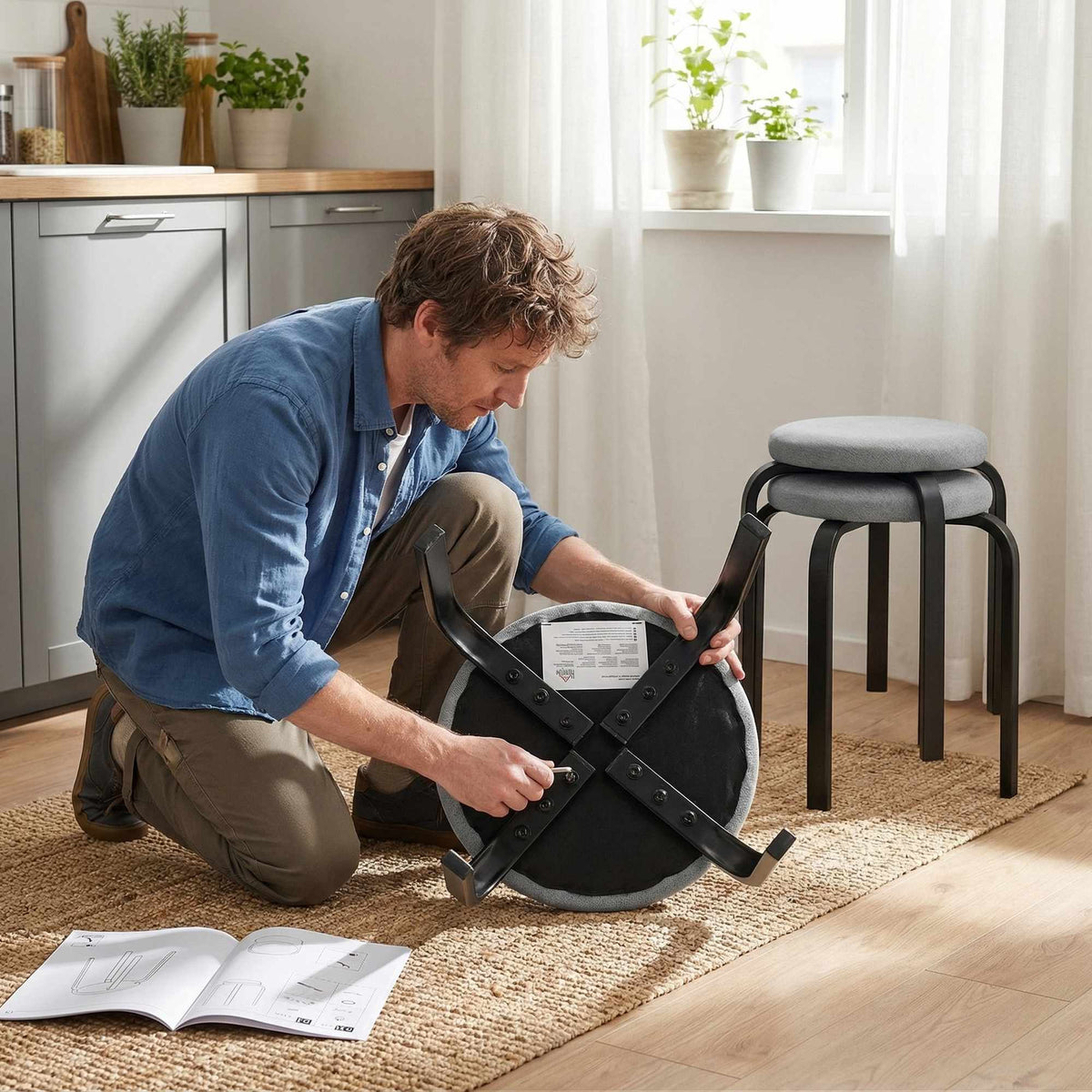 Stapelbara runda pallar set om 4, vadderade, grå