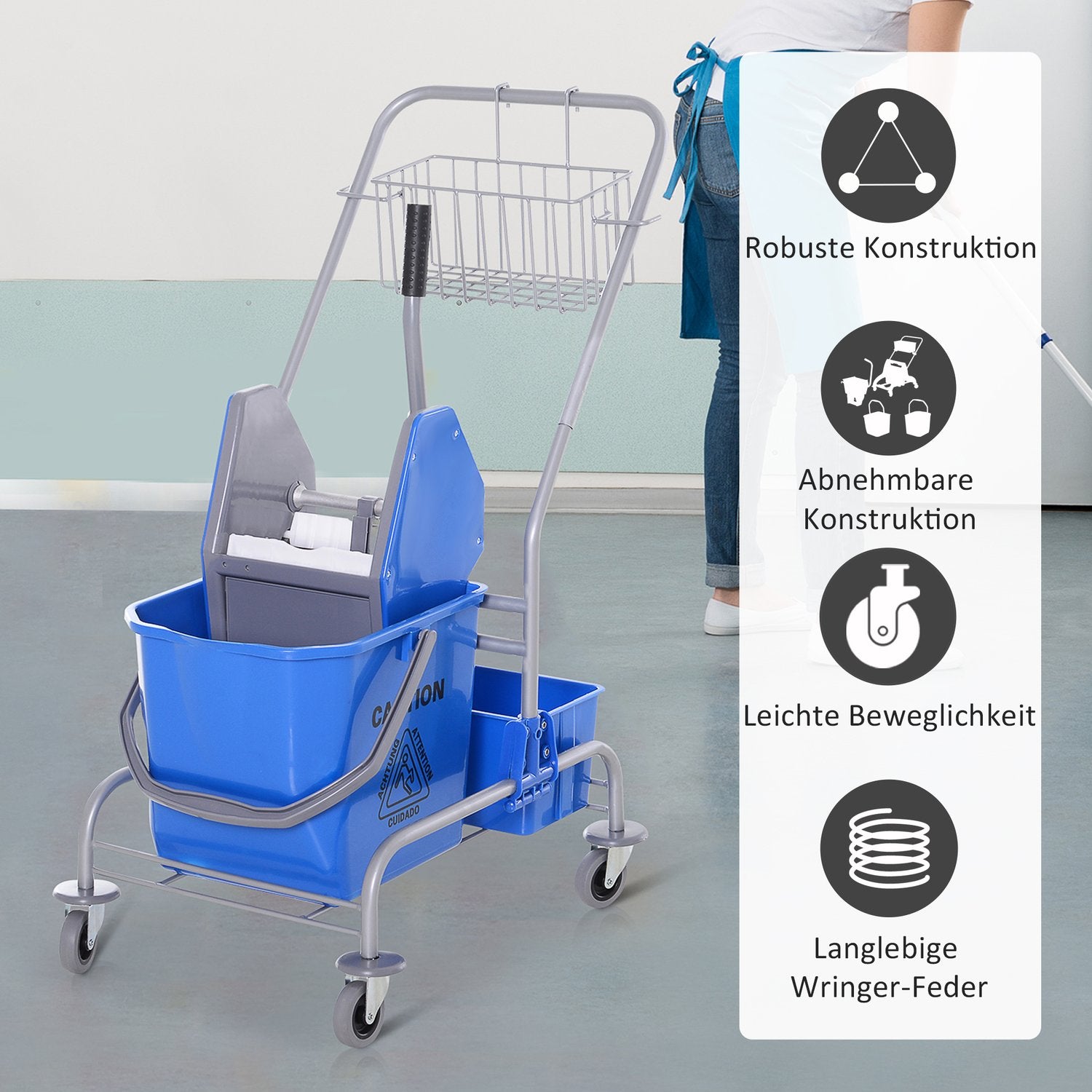 25L blå mobil städvagn med moppvridare