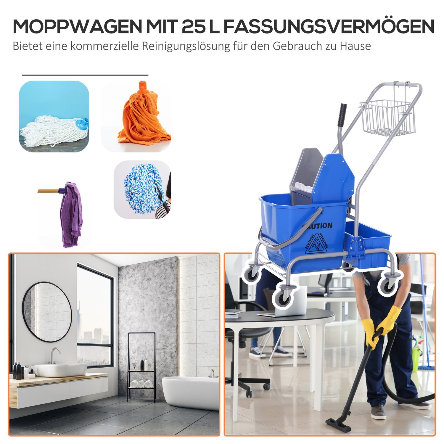 25L blå mobil städvagn med moppvridare