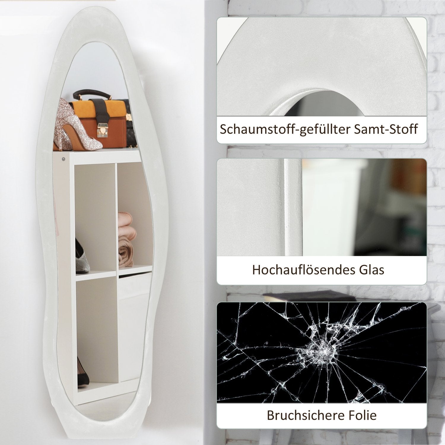 Stående hellängdsspegel, 50x160 cm, sammetsram, vit