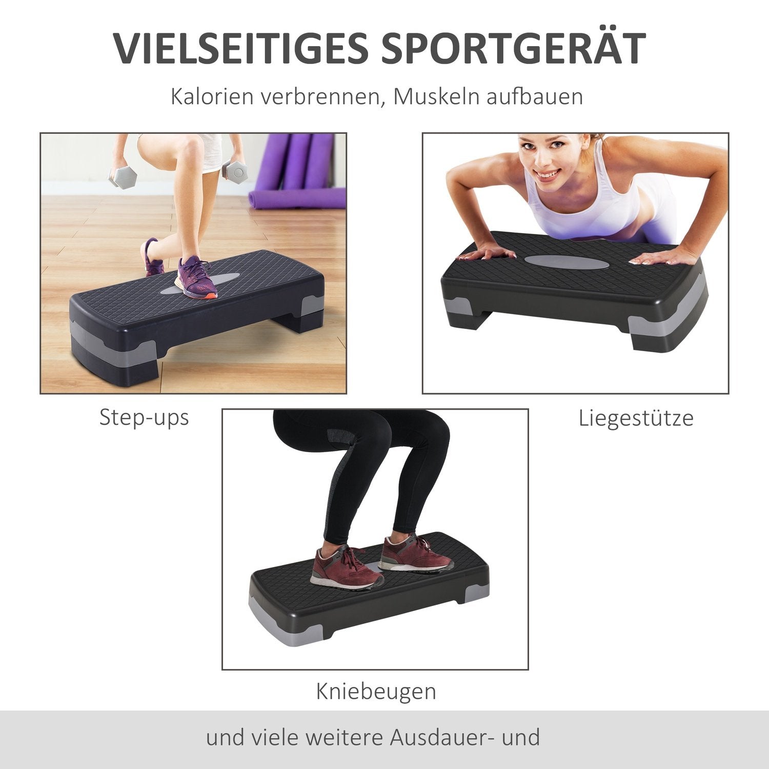 Stepping Board Aerobic Fitness 2-Level Höjd Justerbar (10/15 Cm), Motionscykel Stepper, Svart+Grå, 68X29X15Cm