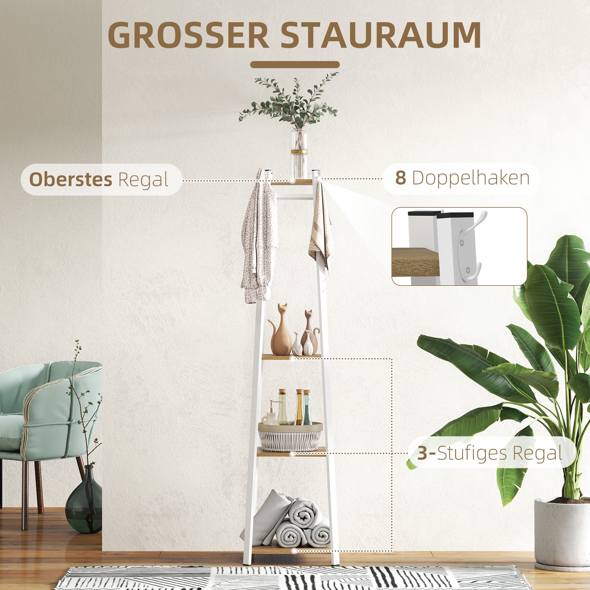 Stålklädhängare med krokar – Vit, 4 nivåer, 170 cm