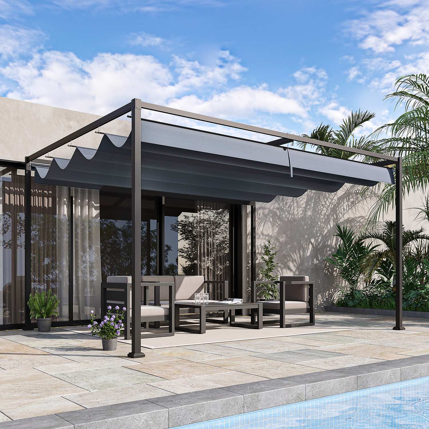 Stålpergola 4x3m med justerbart tak, mörkgrå